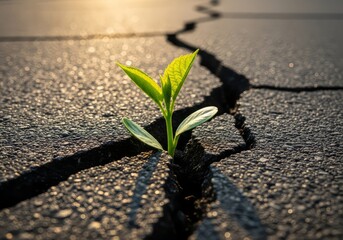 A small plant growing out of a crack in asphalt pavement illuminated by the bright sunlight above it