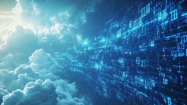 Cloud computing concept showing data flowing in sky