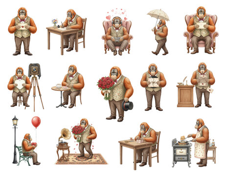 Watercolor Set of Vintage Orangutan Characters in Various Scenes