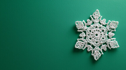 Crochet Snowflake Ornament on Green Background – Minimalist Holiday Flatlay