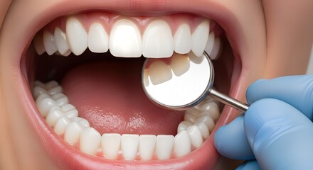 Dentist Examining Patient's Healthy White Teeth with a Dental Mirror