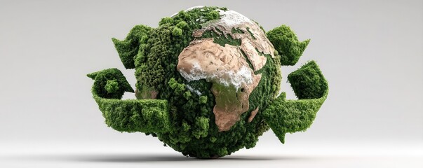 Earth covered in lush green forests and grass with recycling motif symbolizing sustainability and conservation