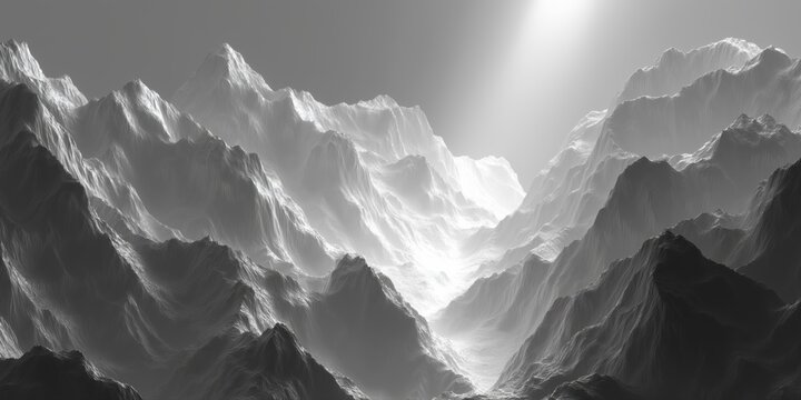 Monochrome mountain peaks with dramatic sunlight rays and misty abstract depth for premium landscape and design backgrounds.


