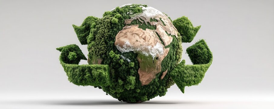 Earth covered in lush green forests and grass with recycling motif symbolizing sustainability and conservation