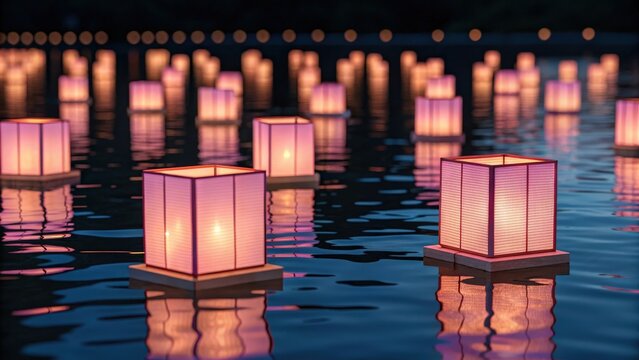 A beautiful collection of glowing paper lanterns floating on water at night with stunning reflections