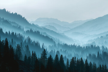 Obraz premium Fir-covered hillside layers fading into mist with a soft retro gradient creating peaceful realistic atmospheric depth and serenity.jpeg