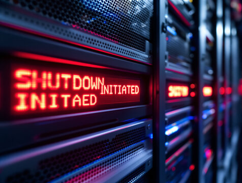Server Shutdown: A close-up view of a server rack displaying the words Shutdown Initiated, suggesting a critical moment in data processing or system maintenance. - Powered by Adobe