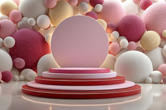 Pink 3D podium with layered circular steps and pastel sphere backdrop for product display - Powered by Adobe