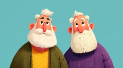 Two friendly old men with white beards looking up against teal background, cartoon illustration