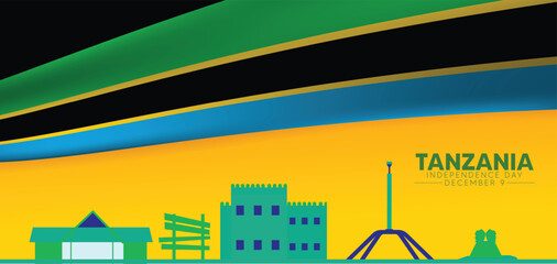 Tanzania skyline illustration featuring national landmarks with elegant modern abstract wave design
