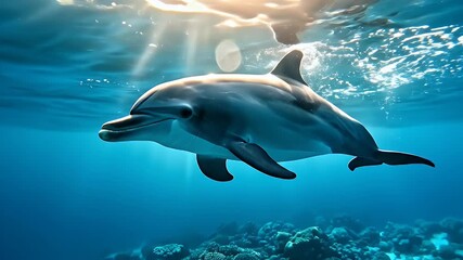 Intelligent Dolphin Swims Gracefully Underwater in Sunlit Ocean with Coral Reef Below