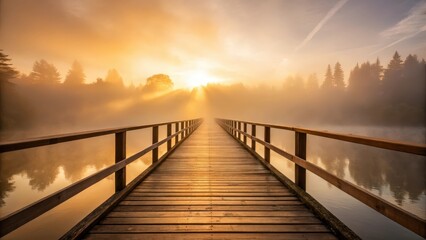 Obraz premium A beautiful long wooden bridge extending across a serene misty river during a radiant golden sunrise
