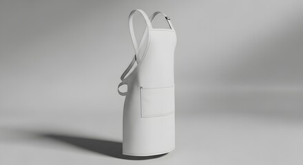 Clean white fabric apron with pocket and straps isolated on a neutral grey background