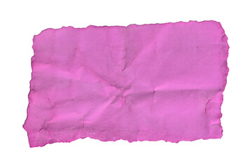 Obraz premium Vibrant pink crumpled paper with torn edges. Grunge texture scrap isolated on transparent background. PNG design element for collage and scrapbooking.
