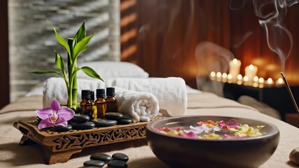 Luxurious spa room ambiance features plush bed, elegant tray of fresh flowers, soft candlelight casting warm glow on table beside bowl of soothing spa stones and water, creating perfect.