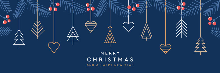 merry christmas card with hanging decoration in form of tree and heart vector illustration