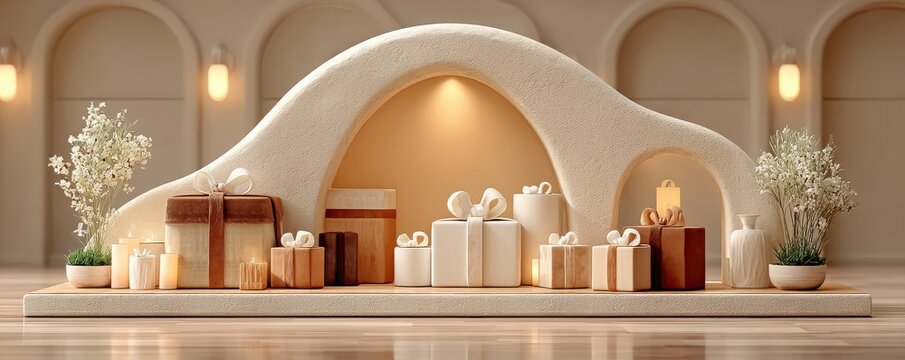 Minimalist podium display with graceful arch and wrapped gifts under warm festive lighting - Powered by Adobe