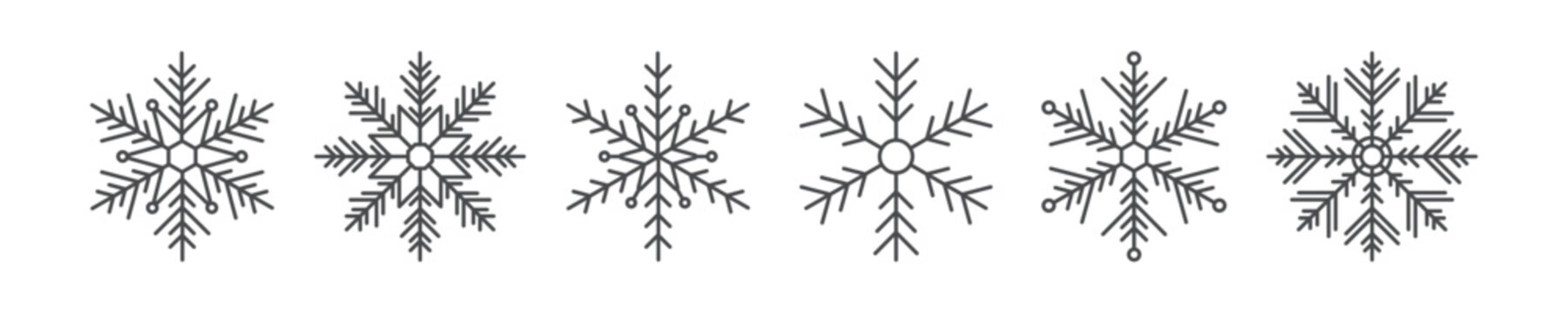 Set of cute snowflake icons, various simple snow flakes winter holidays decoration.