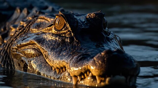Close-up of a crocodile head glistening in water, showing textured scales and a sharp eye, deadly!!!
