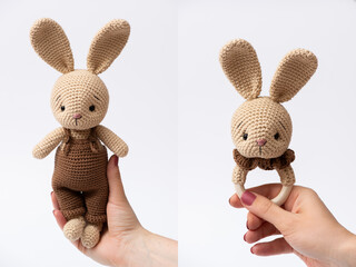 Handmade crocheted bunny toy, amigurumi. Handamde stuffed toys.
