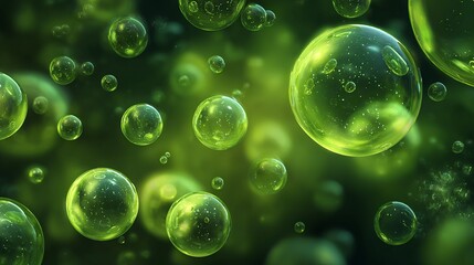 Vibrant glowing green spheres float in a dark, luminous abstract background creating a dynamic, cellular, or microscopic visual.