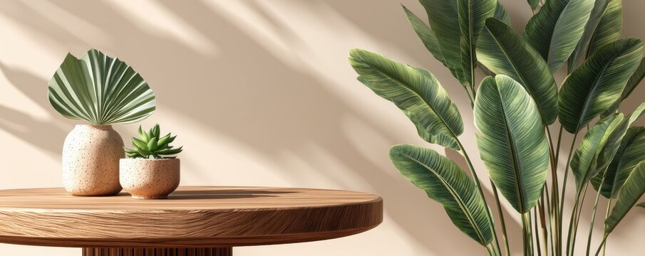 Round wooden table with potted plants and large tropical leaves in a bright minimal setting