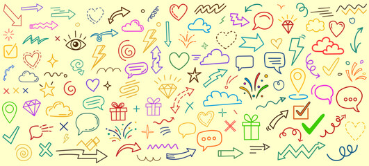 Colorful hand drawn doodle pattern with arrows speech bubbles and symbols on yellow background design