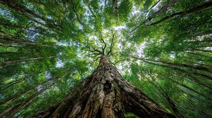 Majestic ancient tree trunk reaching skyward through vibrant green forest canopy on sunny day