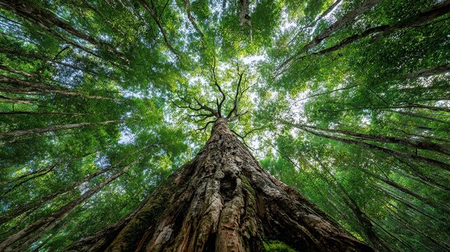 Majestic ancient tree trunk reaching skyward through vibrant green forest canopy on sunny day - Powered by Adobe