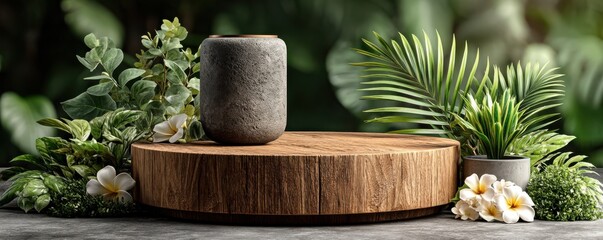 Natural wooden pedestal surrounded by greenery and flowers for stylish plant display