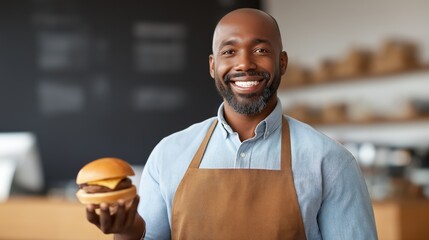 A joyful food vendor stands proudly in an urban eatery, handing a tasty burger to a customer who eagerly awaits their meal, showcasing a moment of friendly interaction