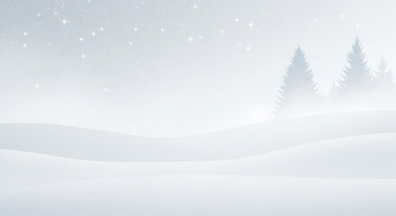 Winter landscape scene with snowy hills and evergreen trees under a starry sky