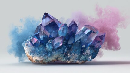 Mystical Blue Crystal Cluster with Ethereal Smoke Effect
