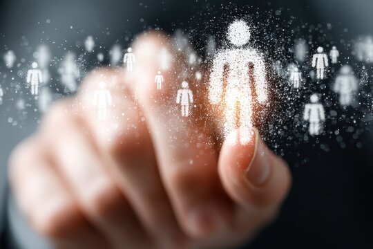 Businessman touches a digital icon of a person amid a network, symbolizing connectivity and innovation - Powered by Adobe