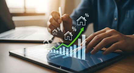 Person analyzing real estate market growth with digital charts and house icons on tablet screen