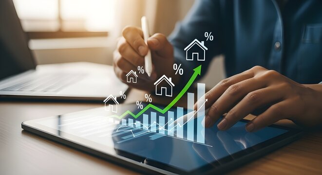 Person analyzing real estate market growth with digital charts and house icons on tablet screen