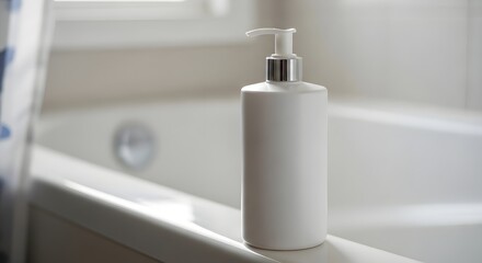 Fototapeta premium Elegant white lotion bottle sits beside the bathtub in a bright, clean bathroom, promoting self-care and relaxation with minimalist style and spa vibes