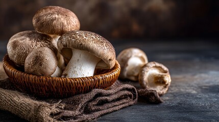 Fresh, earthy mushrooms artfully arranged in a rustic basket evoking natural goodness and culinary inspiration