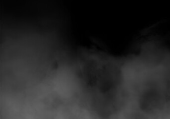 Dense white smoke or fog slowly rising and spreading across a dark, black background, creating a mysterious and ethereal abstract atmosphere for overlay effects