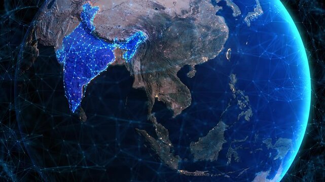 Digital globe rotating, zooming India country. Data analysis Technology Globe rotating India Country data analysis background. social world network. business exchange Social media, data distribution.
