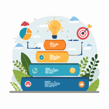Creative business concept illustrating the progressive stages of idea development leading to the achievement of strategic goals