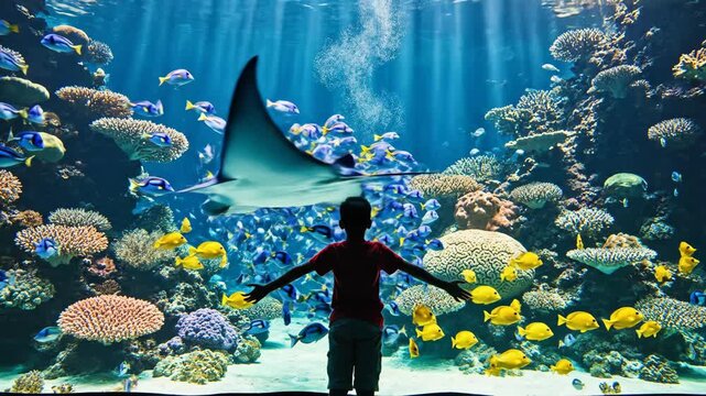 A young boy's silhouette stands in awe with arms open watching a large stingray and colorful tropical fish swim over a vibrant coral reef in a giant aquarium tank