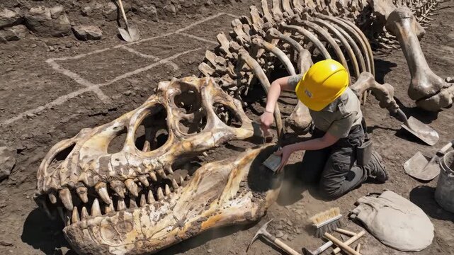 A paleontologist wearing a yellow hard hat carefully brushes dirt from a massive Tyrannosaurus Rex skull fossil at an archaeological excavation dig site in the ground