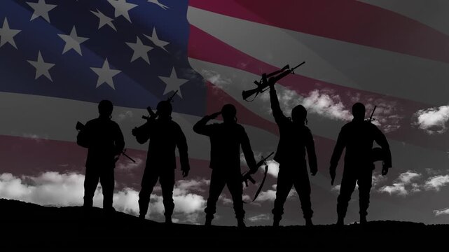 Silhouettes of soldiers with USA flag on background of black and white sky. Veterans Day, Memorial Day, Independence Day. USA celebration. Patriotism, protection, remember honor.
