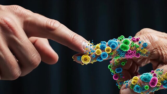 A conceptual macro image of a human finger touching another hand covered in colorful microscopic bacteria and germs symbolizing transmission of disease viruses and hygiene