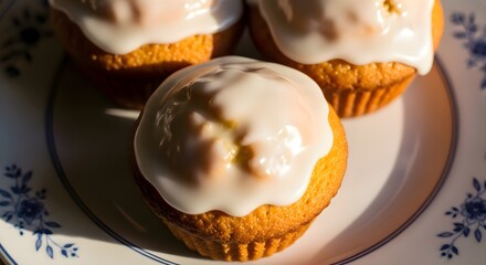 Elegant carrot cake muffins topped with silky cream cheese frosting beautifully arranged on a decorative blue and white plate, showcasing professional bakery presentation and gourmet appeal