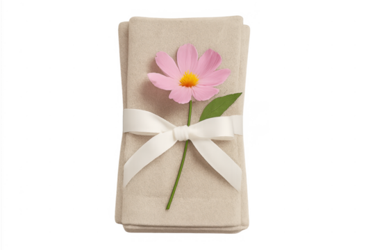 Beige towels with pink cosmos flower and white ribbon