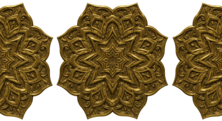 Golden Mandala Motif: A trio of intricate golden mandala motifs, each radiating a sense of sacred geometry and spiritual harmony. A mesmerizing display of pattern.