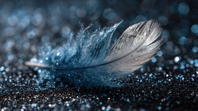 Shimmering Blue Feather on Sparkle Glitter Bokeh Background - Powered by Adobe