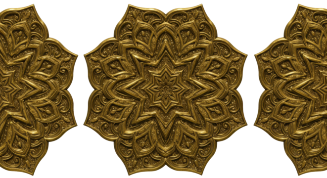 Golden Mandala Motif: A trio of intricate golden mandala motifs, each radiating a sense of sacred geometry and spiritual harmony. A mesmerizing display of pattern.